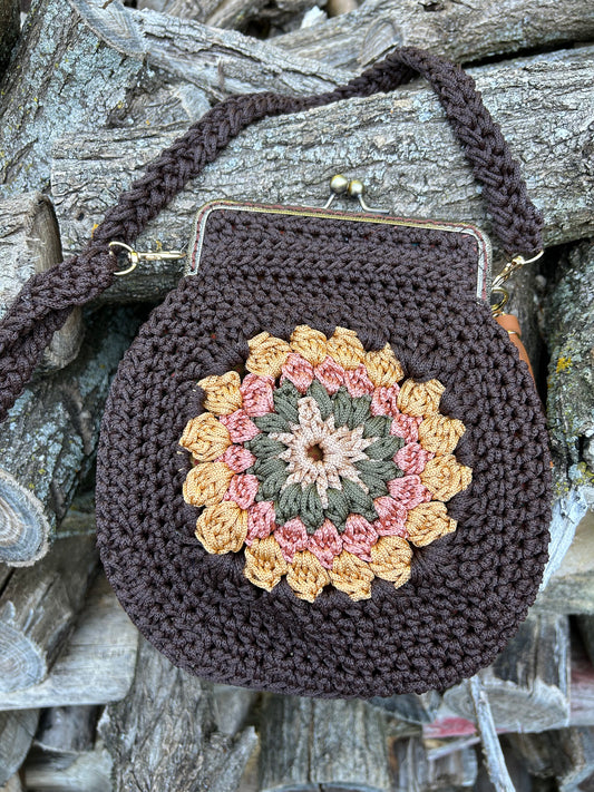 Cell phone bag.  Sunburst bag. Brown with multicolor sunburst